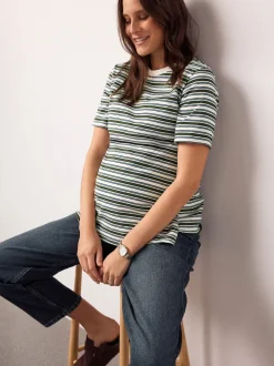 Rayures marron chocolat et verte - Lot de t-shirts d’allaitement de maternité 2