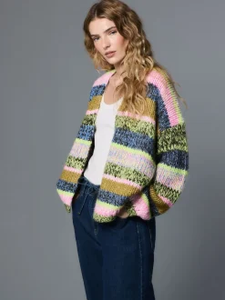 Rayures multicolores bleu/vert - Cardigan en grosse maille doux