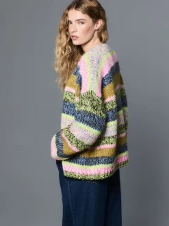 Rayures multicolores bleu/vert - Cardigan en grosse maille doux