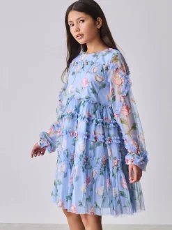 Robe Baker by Ted Baker bleue en maille à volants et imprimé fleuri