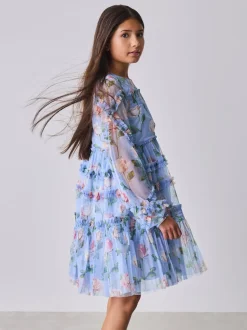 Robe Baker by Ted Baker bleue en maille à volants et imprimé fleuri