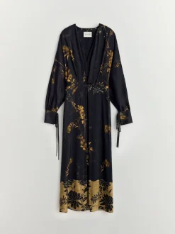 Robe Mi-longue BHOEM Satin Fleuri Imprimé Noir Kimono