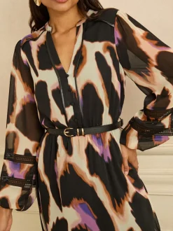 Robe mi-longue Love & Roses Animal bordée de PU