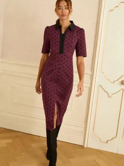 Robe mi-longue Love & Roses floquée à pois et manches courtes