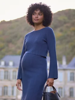 Robe mi-longue Seraphine de Grossesse et d'Allaitement en maille côtelée