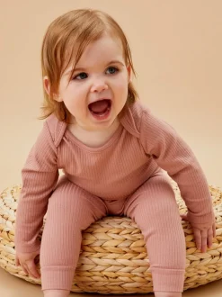 Rose - Body MORI côtelé extensible à manches longues et encolure