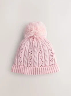 Rose - Chapeau à pompons en maille torsadée pointelle (0mois-2ans)