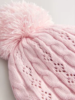 Rose - Chapeau à pompons en maille torsadée pointelle (0mois-2ans)