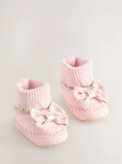 Rose - Chaussons en maille à bord festonné pour Bébé fille avec nœud