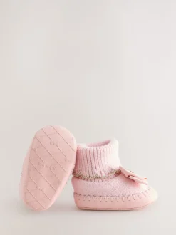 Rose - Chaussons en maille à bord festonné pour Bébé fille avec nœud