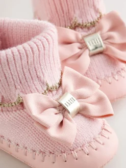 Rose - Chaussons en maille à bord festonné pour Bébé fille avec nœud
