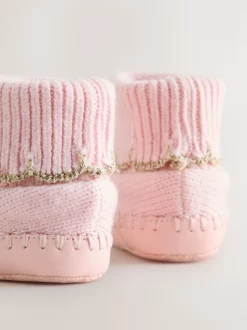 Rose - Chaussons en maille à bord festonné pour Bébé fille avec nœud
