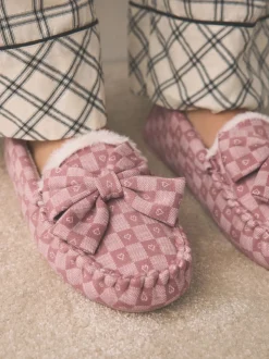 Rose - Chaussons mocassins à carreaux cœur