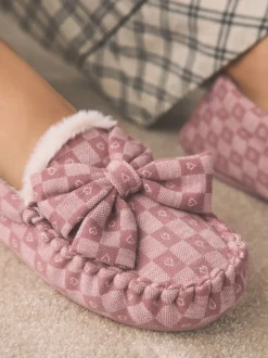 Rose - Chaussons mocassins à carreaux cœur