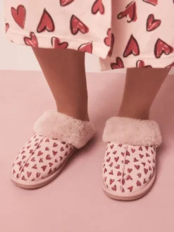 Rose - Chaussons mules en daim doublés de fausse fourrure cœur