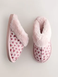Rose - Chaussons mules en daim doublés de fausse fourrure cœur