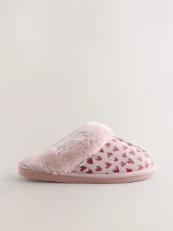 Rose - Chaussons mules en daim doublés de fausse fourrure cœur