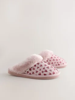 Rose - Chaussons mules en daim doublés de fausse fourrure cœur