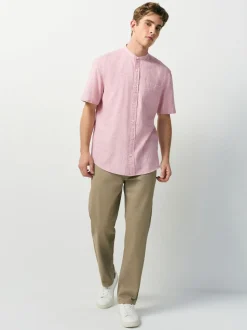 Rose - Col grand-père. - Chemise à manches courtes en lin et coton mélangés