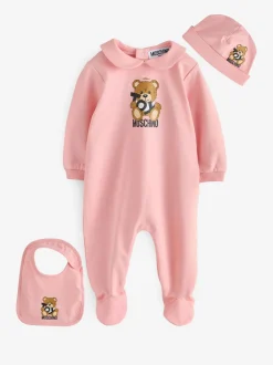 Rose - Dors-bien Moschino bébé à logo, bonnet et bavoir avec coffret cadeau