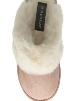 Rose - Dunlop Chaussons mules en faux daim col en fourrure