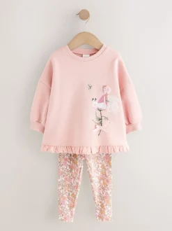 Rose à fleurs fée - Ensemble Sweat-shirt et Leggings à ourlet à volants (3mois-7ans)