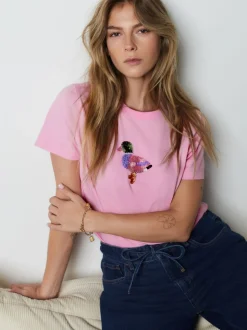 Rose - Haut avec ornements à col rond à manches courtes canards