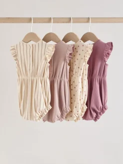 Rose à pois et rayures tonales - Lot de 4 barboteuses à épaules volantées pour bébé