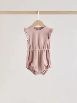 Rose à pois et rayures tonales - Lot de 4 barboteuses à épaules volantées pour bébé