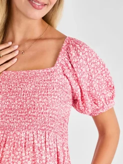 Rose - Robe mi-longue JoJo Maman bébé Imprimé froncée à petites fleurs