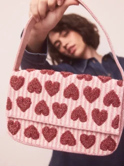 Rose - Sac bandoulière perlé Cœur