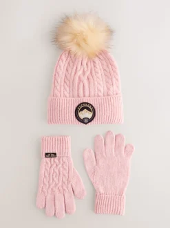 Rose - Superdry Ensemble bonnet et Gants à pompons