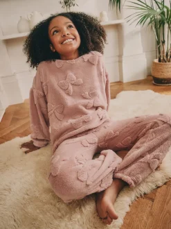 Rose avec nœud - Ensemble pyjama en jacquard en polaire 2 pièces (2-16ans)
