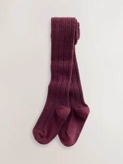 Rose baie rouge et marron chocolat - Lot de 3 collants en torsades de coton riche