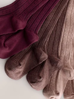 Rose baie rouge et marron chocolat - Lot de 3 collants en torsades de coton riche