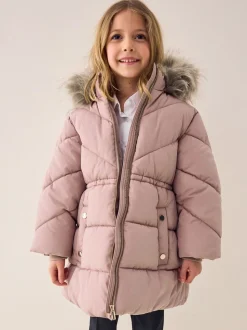 Rose caramel - Manteau matelassé bordé de fausse fourrure Résistant à la douche (3-16ans)