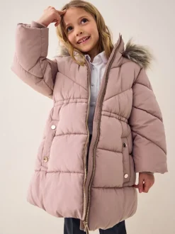 Rose caramel - Manteau matelassé bordé de fausse fourrure Résistant à la douche (3-16ans)