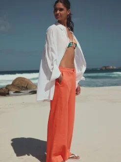 Rose corail - Pantalons intelligents à jambe large en lin Blend