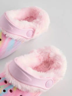 Rose imprimé marbré - Chaussons sabots doublés de fausse fourrure