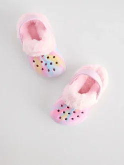 Rose imprimé marbré - Chaussons sabots doublés de fausse fourrure