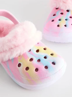 Rose imprimé marbré - Chaussons sabots doublés de fausse fourrure