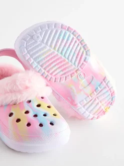 Rose imprimé marbré - Chaussons sabots doublés de fausse fourrure