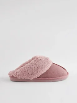 Rose mink - Chaussons mules en daim doublés de fausse fourrure