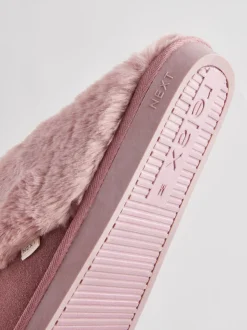 Rose mink - Chaussons mules en daim doublés de fausse fourrure