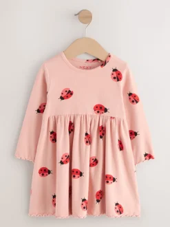 Rose motif coccinelles - Robe côtelée à manches longues (3mois-7ans)