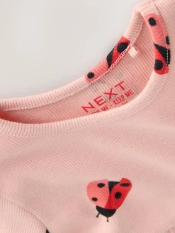Rose motif coccinelles - Robe côtelée à manches longues (3mois-7ans)