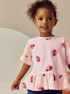 Rose motif coccinelles - T-shirt péplum à manches courtes (3mois-7ans)