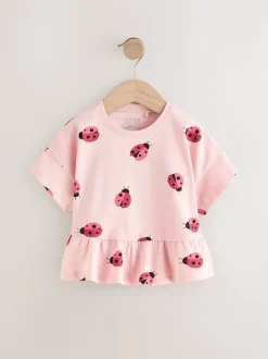Rose motif coccinelles - T-shirt péplum à manches courtes (3mois-7ans)