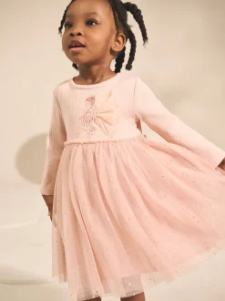 Rose motif fée - Robe de fête en maille à manches longues (3mois-7ans)