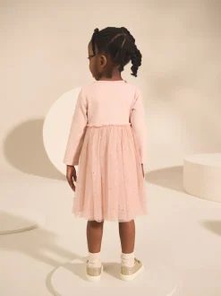 Rose motif fée - Robe de fête en maille à manches longues (3mois-7ans)